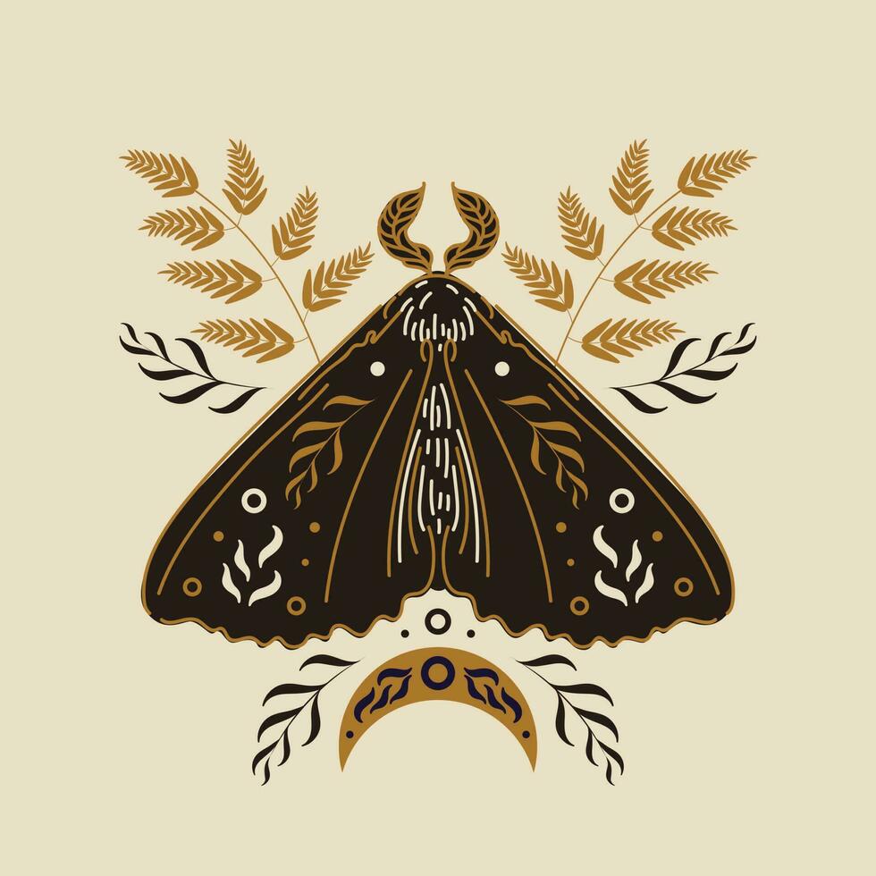 Moth, phases of the moon and stars, wormwood and fern. Vector illustration in scandinavian folk style. Halloween, magic, witchcraft, astrology, mysticism. For logo, posters, cards, banner, tattoo