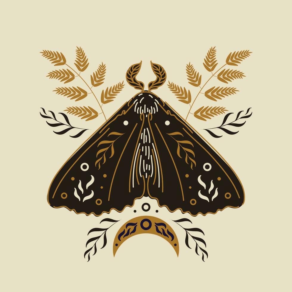 Moth, phases of the moon and stars, wormwood and fern. Vector illustration in scandinavian folk style. Halloween, magic, witchcraft, astrology, mysticism. For logo, posters, cards, banner, tattoo