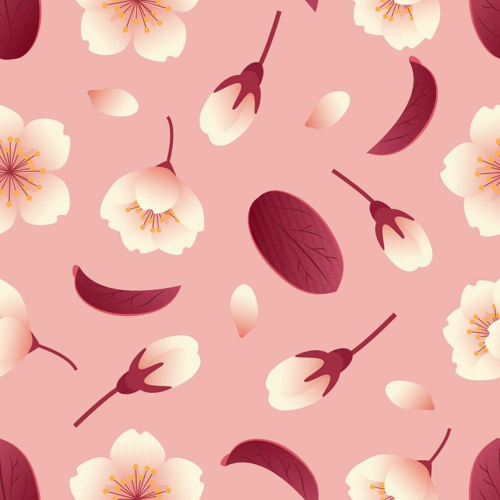 Sakura flowers, buds and leaves. Seamless pattern. Botanical illustration in realistic style, cherry blossom. Hanami Festival. In pink colors. For wallpaper, printing on fabric, wrapping, background. vector