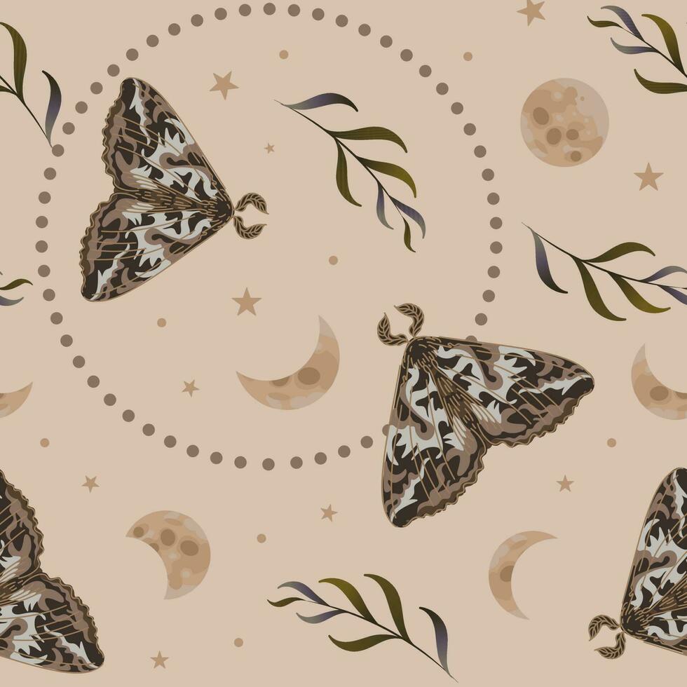 Moth, phases of the moon and stars, herbs. Seamless pattern, vector illustration in ethnic style. In earthy tones. magic, witchcraft, astrology, mysticism. For wallpaper, fabric, wrapping, background.