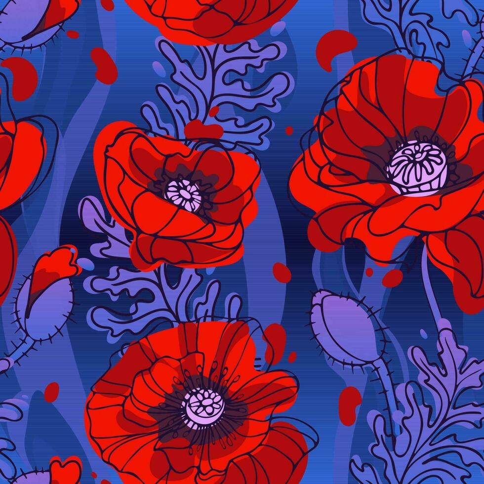 Psychedelic magic poppy pattern. 60s hippie, colorful flowers. Bright summer illustration in sketch style with papaver buds. For wallpaper, printing on fabric, wrapping. vector
