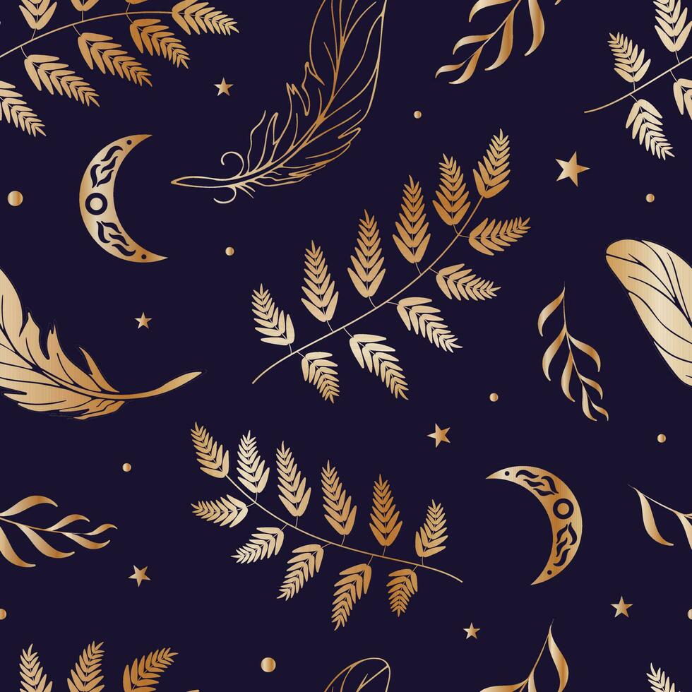 Magic seamless pattern. Moon, ferns, summer grasses, golden feathers, night sky, stars. Vector illustration. Halloween, witchcraft, astrology, mysticism. For wallpaper, fabric, wrapping, background