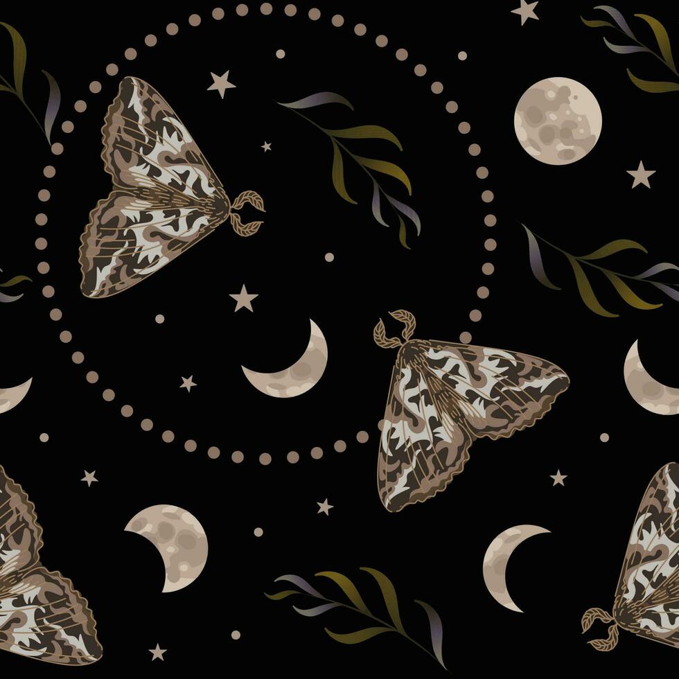 Moth, phases of the moon and stars, herbs. Seamless pattern, vector illustration in realistic style. Halloween, magic, witchcraft, astrology, mysticism. For wallpaper, fabric, wrapping, background.