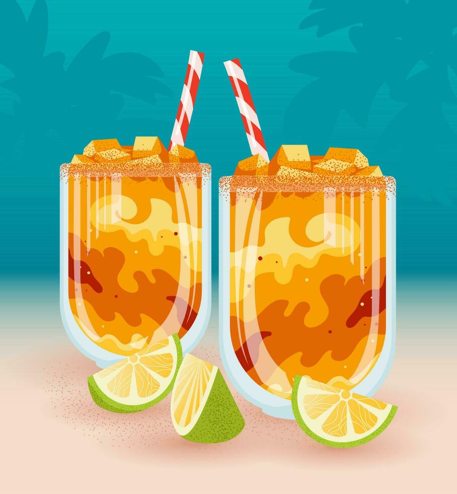 Mangonada, mexican mango smoothie with chamoy sauce chili. Glasses, lime, palm trees. Iced sorbet cocktail. Vector colorful food illustration. summer drinks. for cafes, restaurants, parties, menus