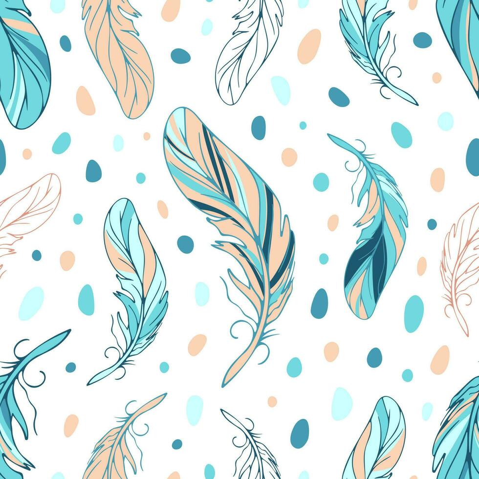 Feathers seamless bright ethnic pattern in boho style. Color spots in pastel colors. Tribal theme, Indians, dream catchers, boho chic. For wallpaper, fabric, wrapping, background vector