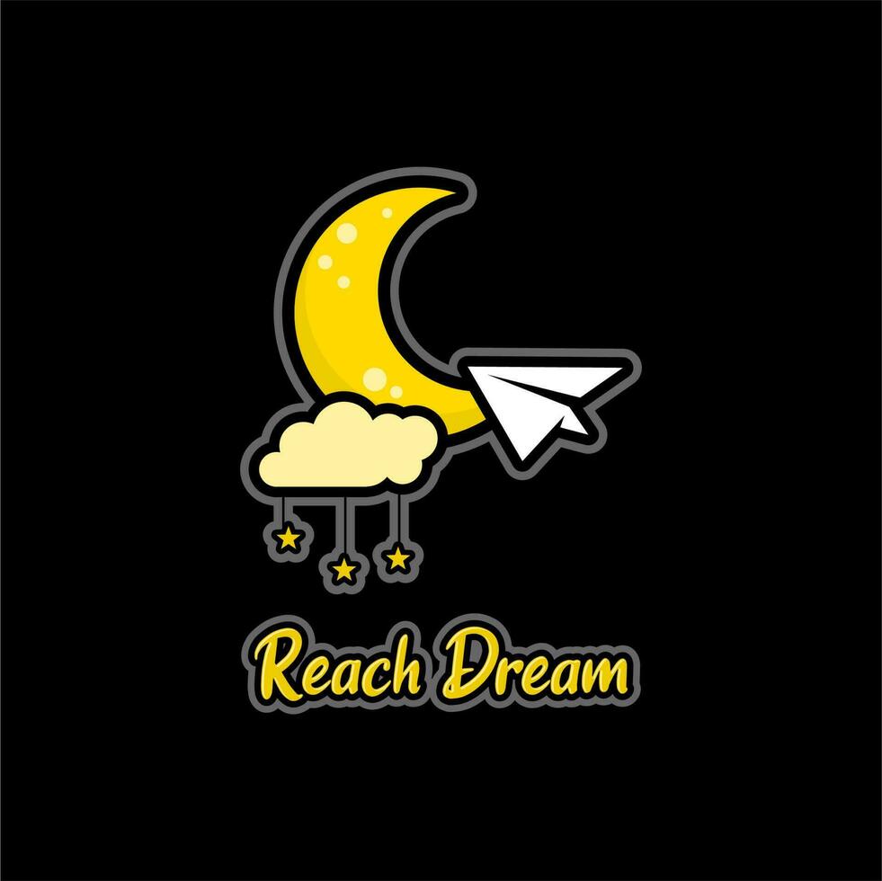 Crescent Moon And Paper Plane For Reach Dreams logo. A Combination of Crescent Moon, Paper Airplane, Clouds, and Stars vector