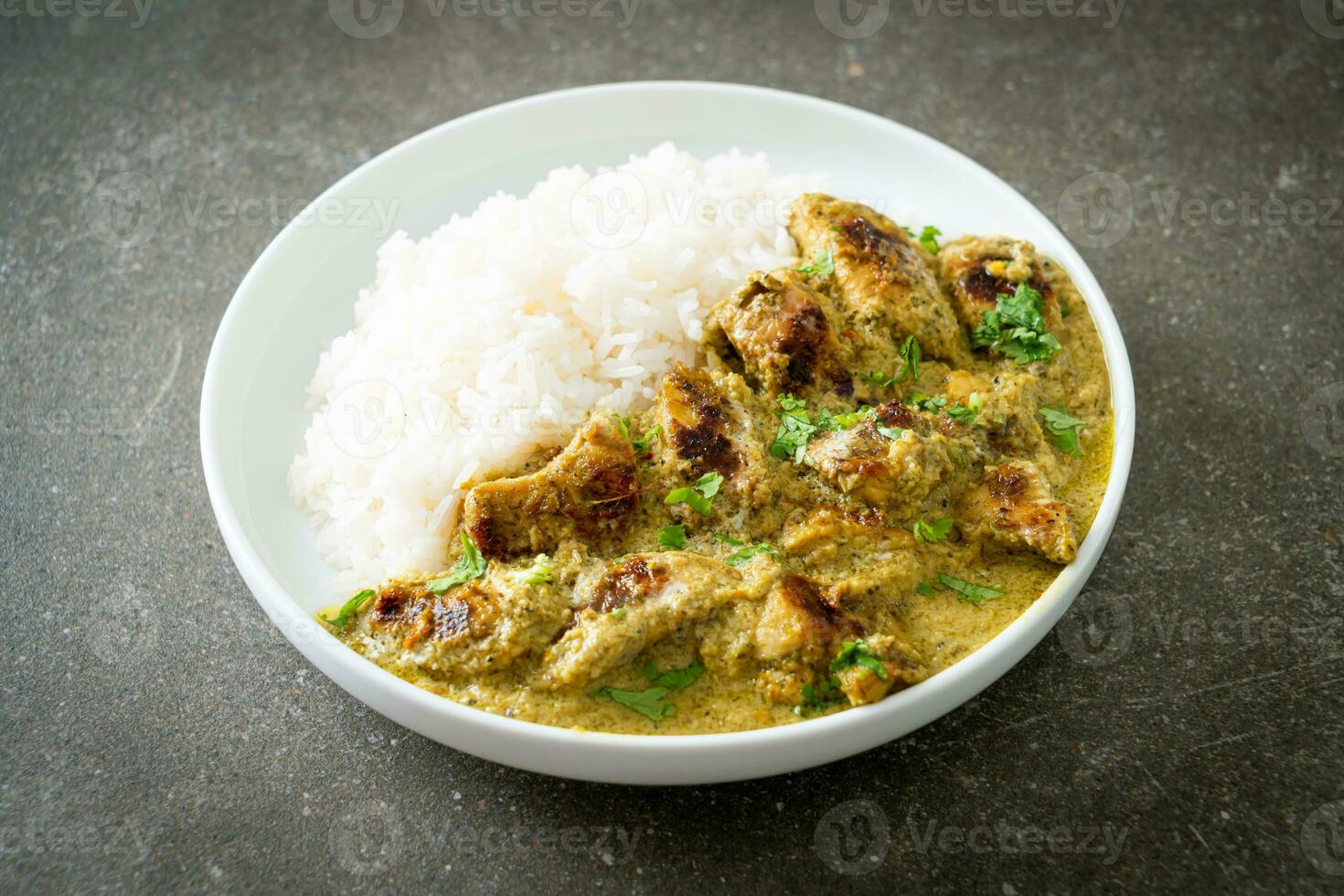 Afghani chicken in green curry or Hariyali tikka chicken hara masala with rice photo