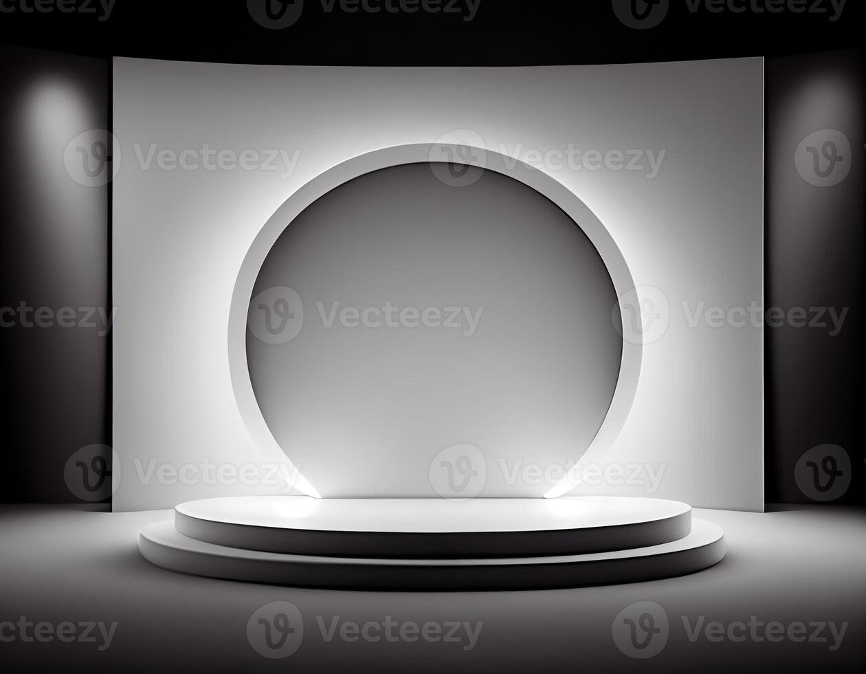 Abstract 3d podium for product presentation with geometric shapes, Empty round podium,Platforms for product presentation with shadows and light background. photo