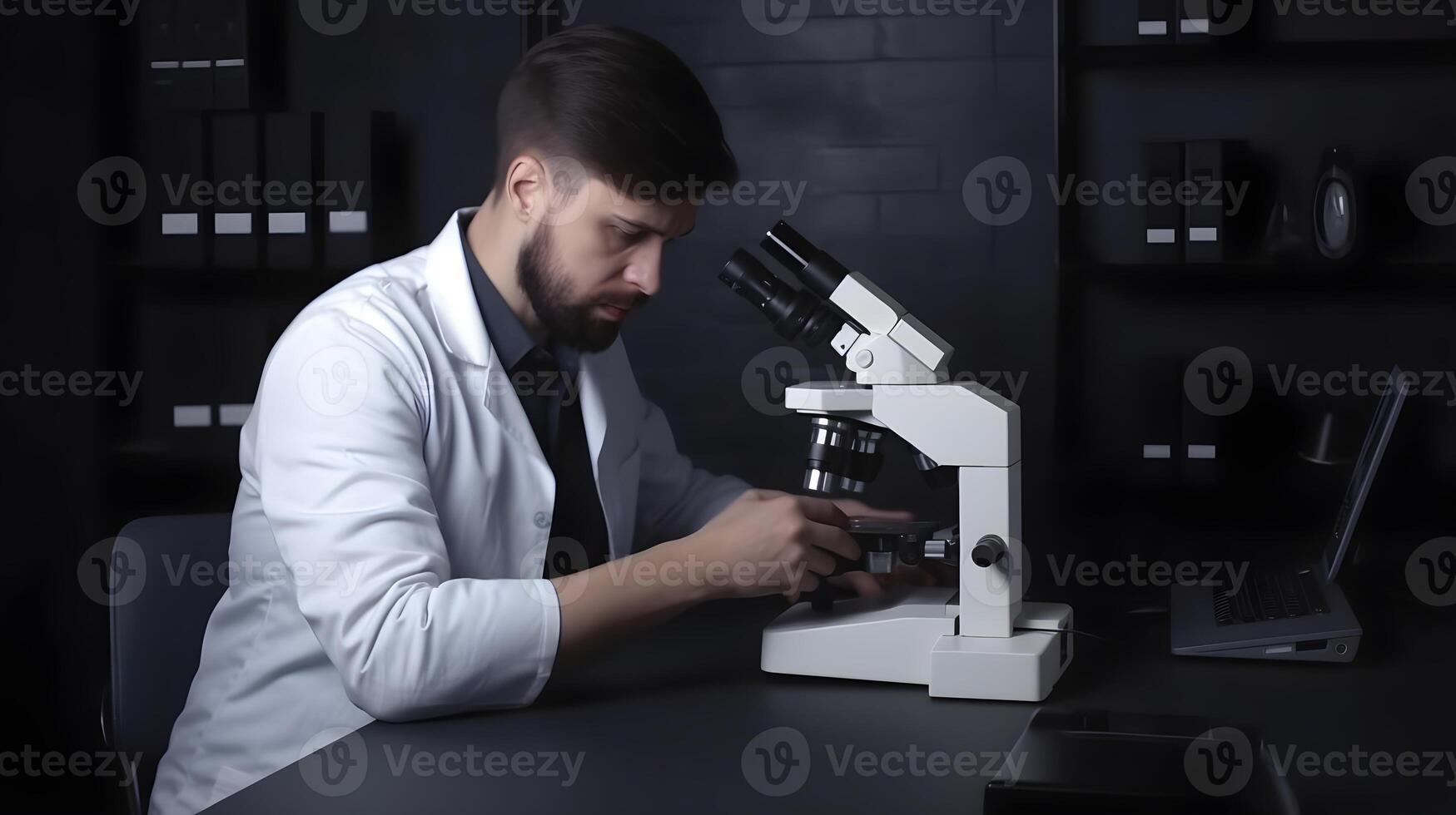 Scientist or student using laptop microscope at lab photo