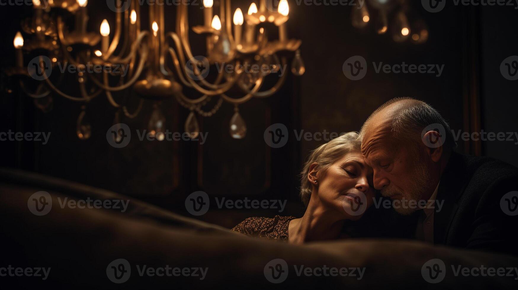 senior couple, sleeping inside a luxurious chandelier, moody, romantic atmosphere photo