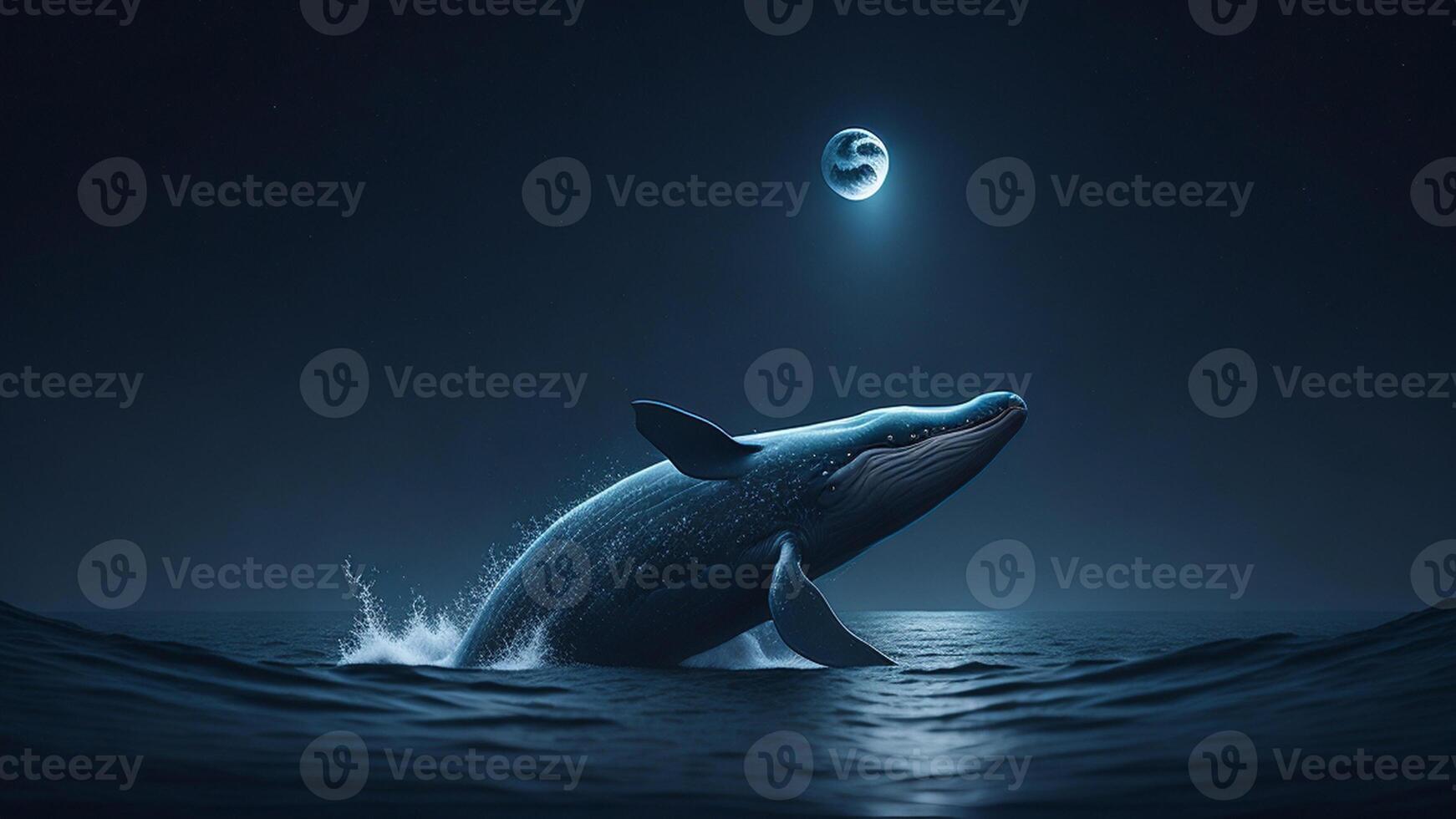 ballena saltando fuera de agua a noche ingenio luz de la luna antecedentes ai generado foto