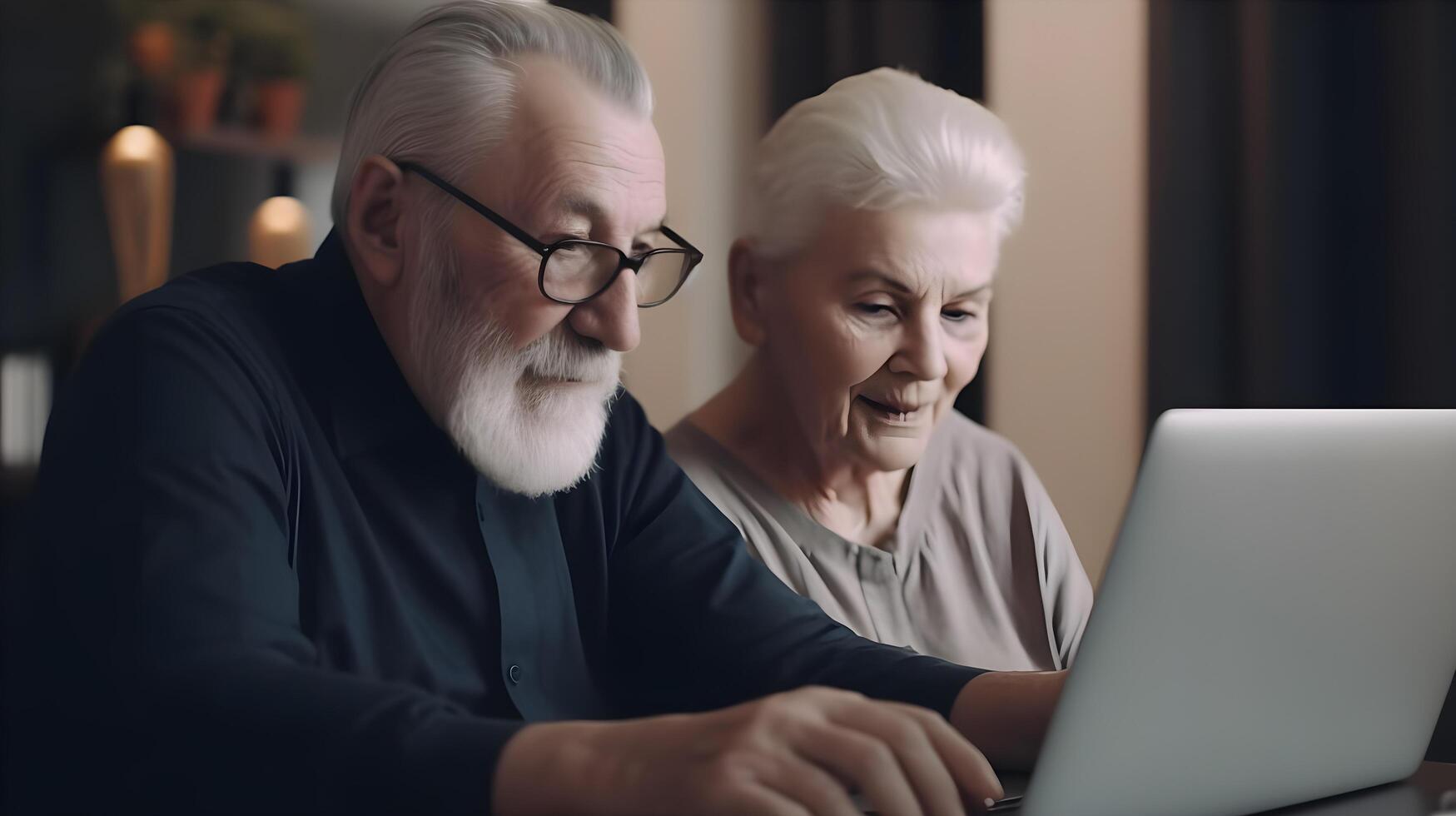 Happy Senior couple using laptop computer at home photo
