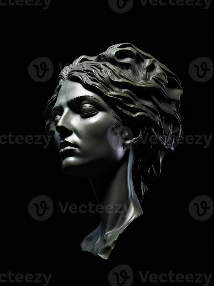bronce estatua de un mujer cabeza en un negro antecedentes ai generado foto