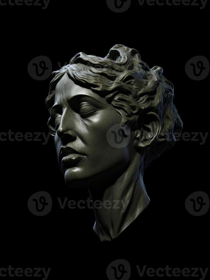 Bronze statue of a woman's head on a black background photo