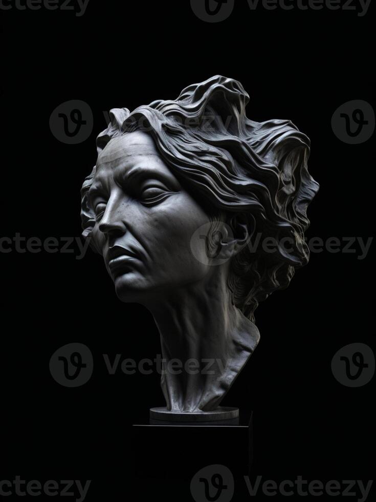 Bronze statue of a woman's head on a black background photo