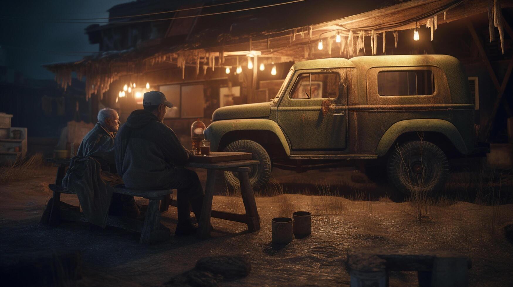 senior couple sitting at a bar at night in an abandoned minefield with a small dog in the foreground and a truck in the background photo