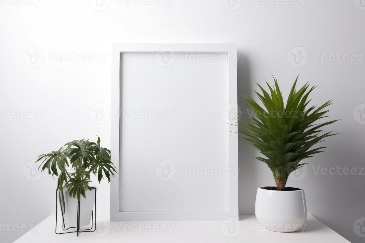 Empty square frame mockup in modern minimalist interior with plants on white wall background, Template for artwork, painting, photo or poster