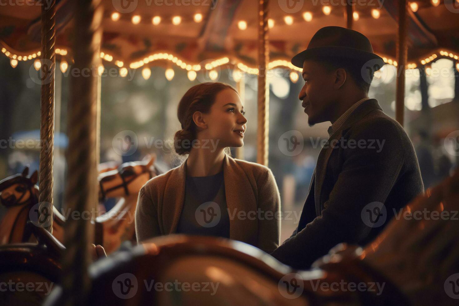 Pareja en amor sentado en el banco en el noche foto