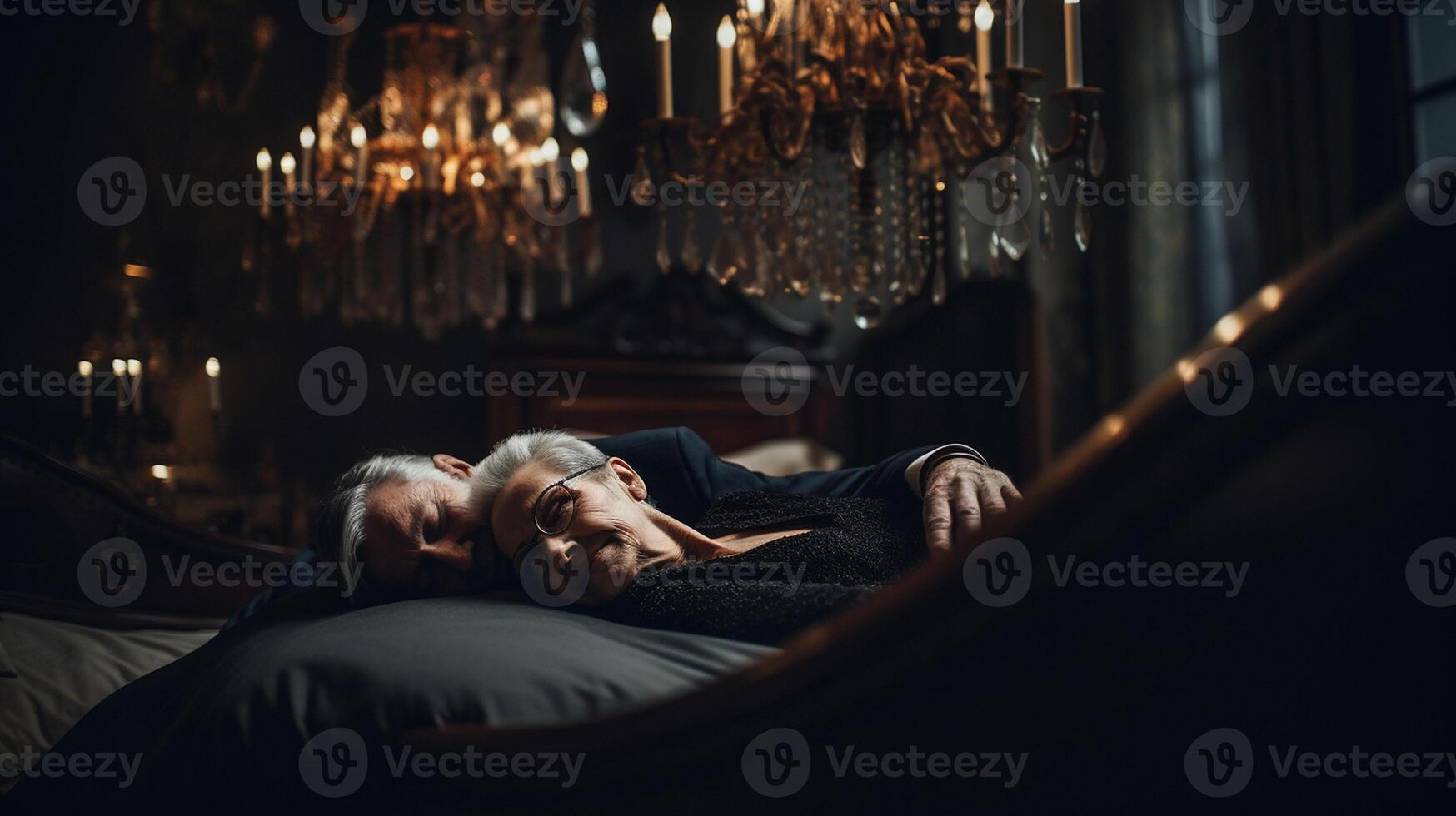 senior couple, sleeping inside a luxurious chandelier, moody, romantic atmosphere photo