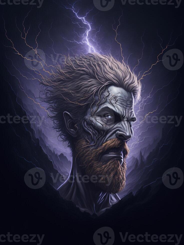 Zombie man with lightning and thunder. Halloween concept photo