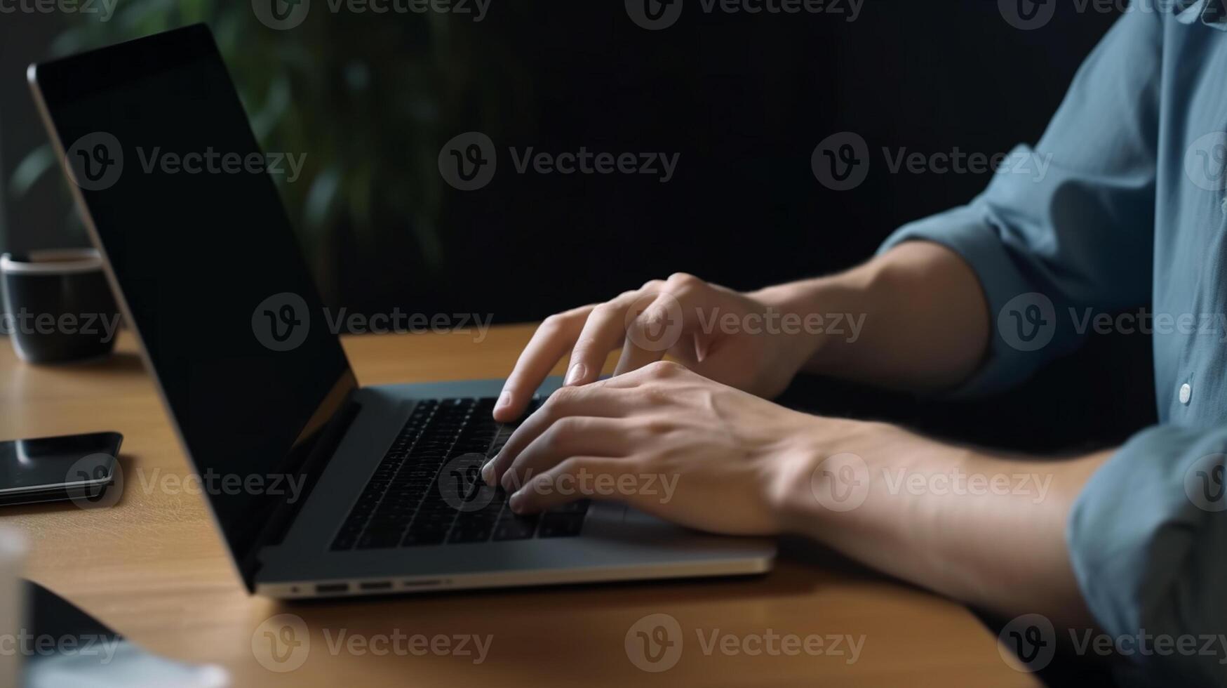 Young man using laptop computer with blank empty mockup screen. Business man working at office. Freelance, student lifestyle, e-learning, shopping online, web site, technology concept photo