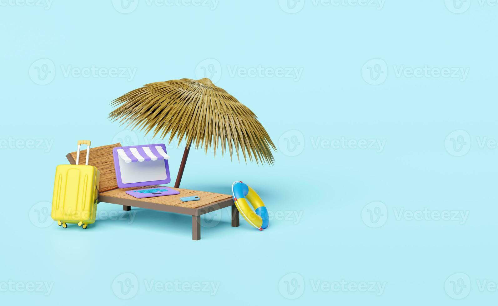 laptop computer monitor with store front,beach chair,palm leaf,umbrella,lifebuoy,suitcase isolated on blue background.online shopping summer sale concept, 3d illustration or 3d render photo