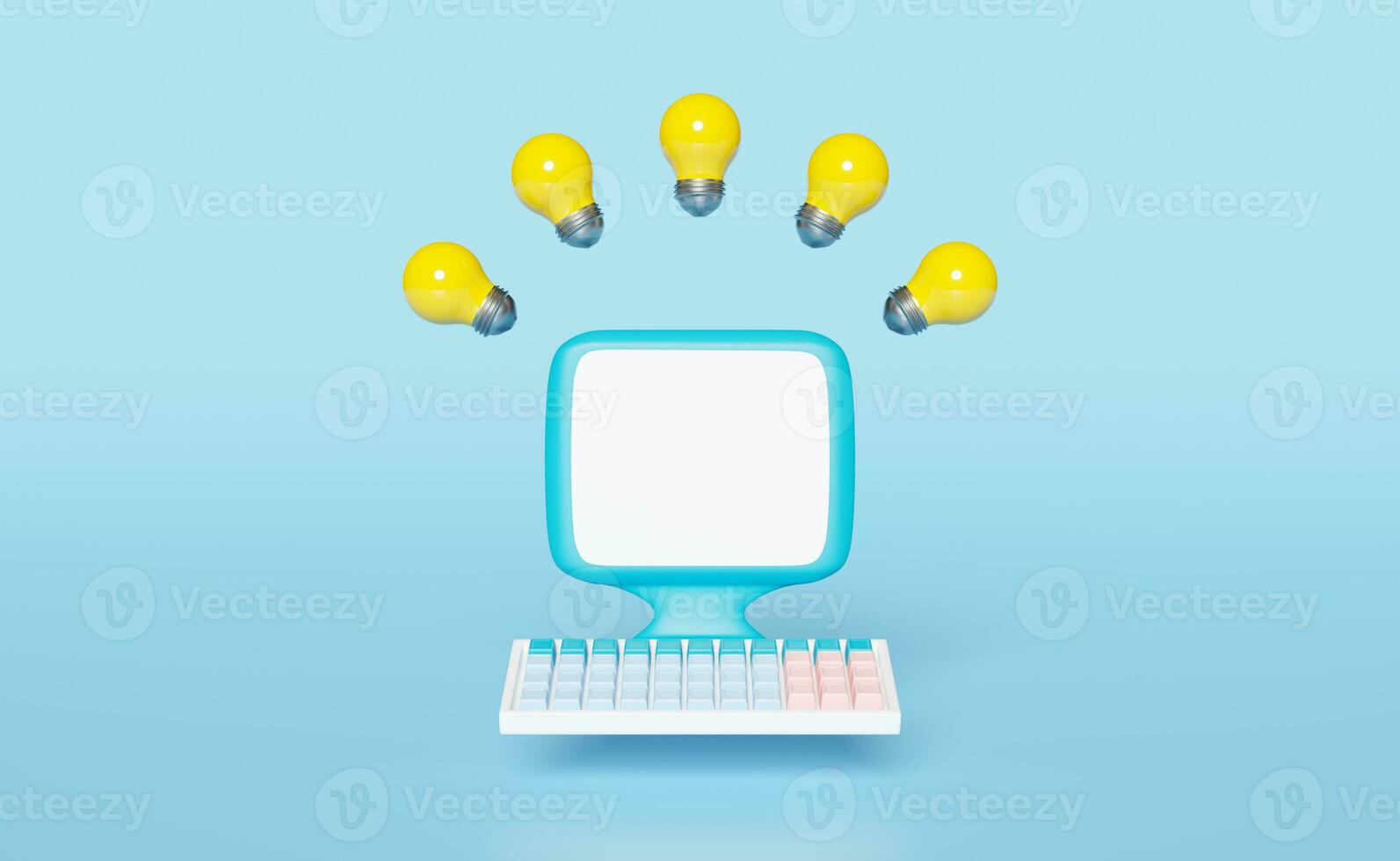 laptop computer monitor with yellow light bulb isolated on blue background.idea tip concept,3d illustration,3d render photo