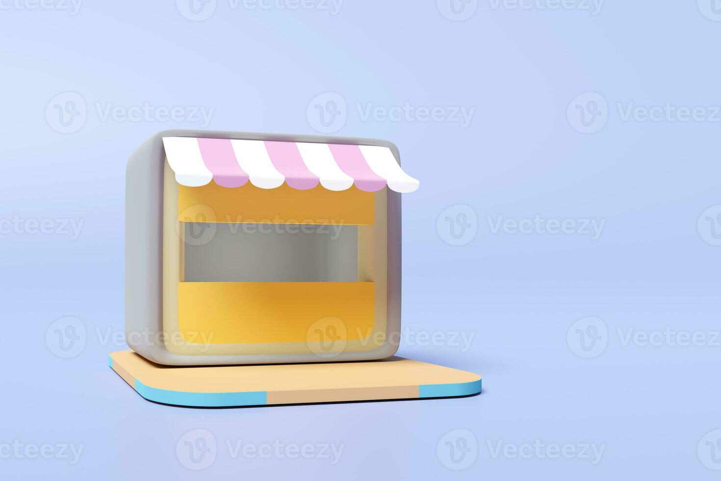 shop icon or empty store front with striped awning isolated on blue pastel background. startup franchise business concept, 3d render illustration, clipping path photo