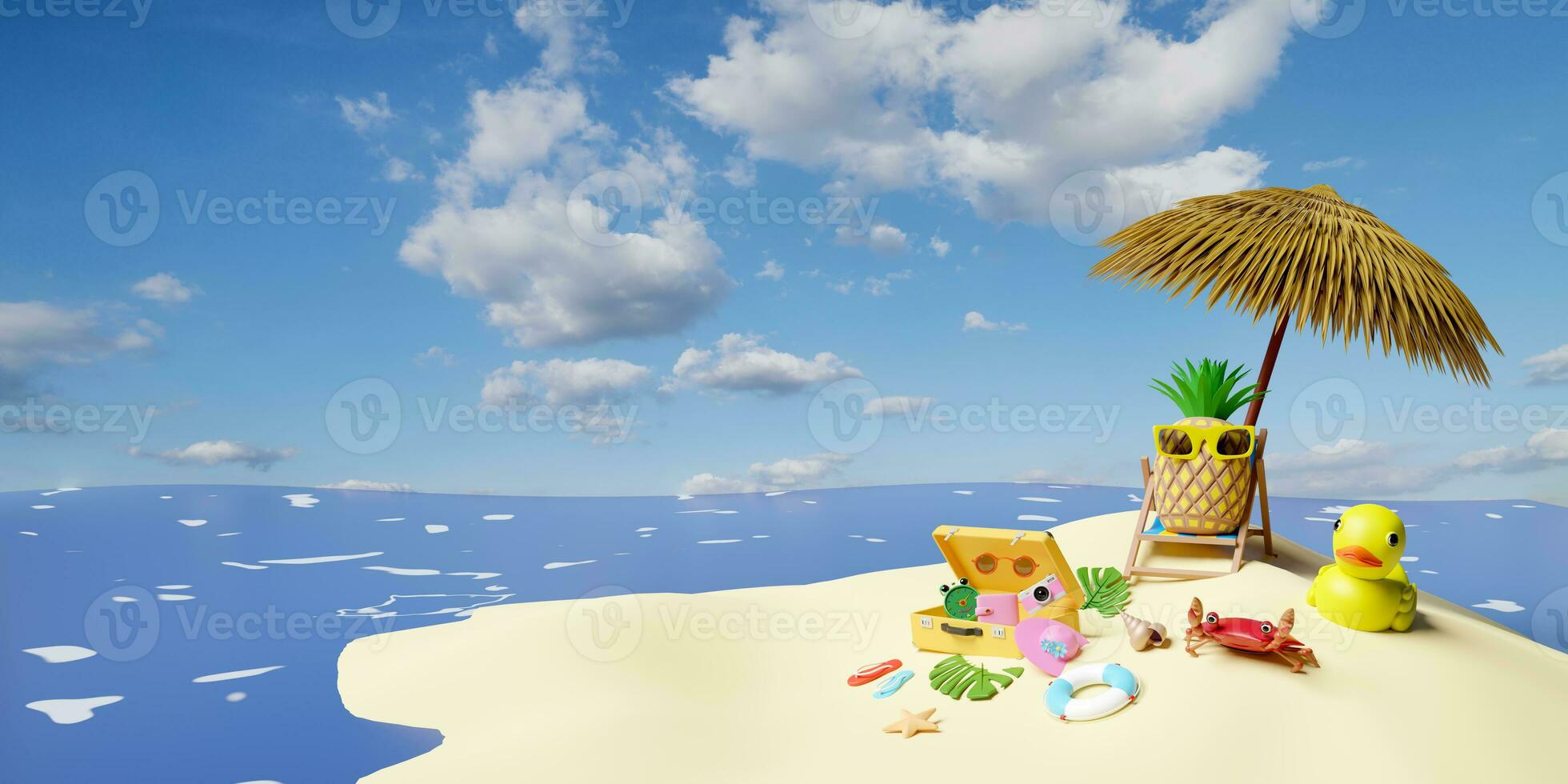 beach chair with umbrella,palm tree,lifebuoy,seaside,pineapple, sunglasses,suitcase,duck,crab isolated on blue sky background.summer travel concept,3d illustration or 3d render photo