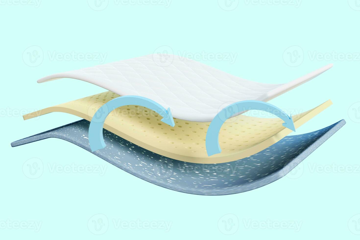 3d 3 layered sheet material mattress with memory foam, fabric, natural latex, arrow isolated on blue background. minimal abstract, 3d render illustration, clipping path photo