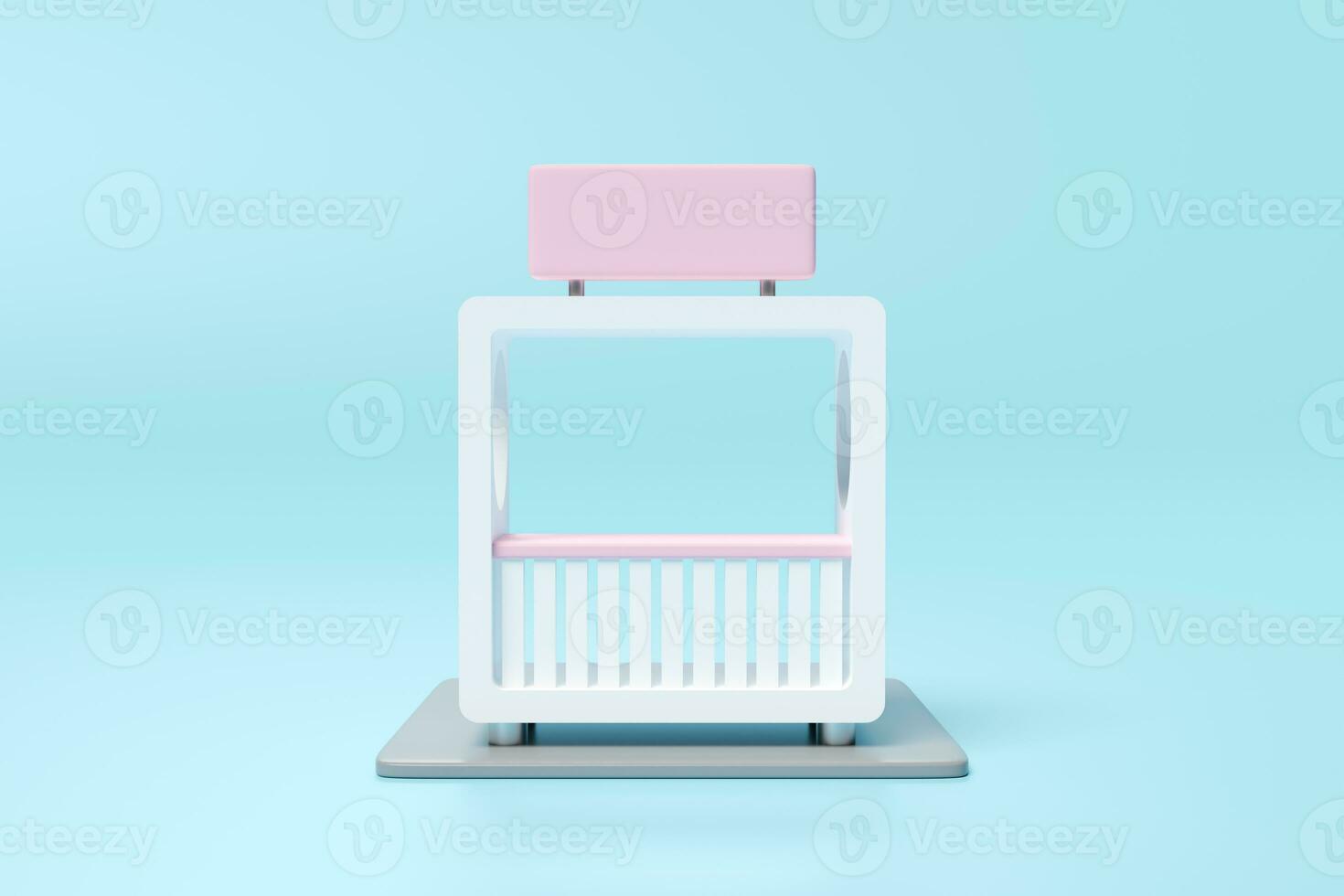 3d pink white booth shop icon or empty retail store front with shop sign isolated on blue background. startup franchise business concept, 3d render illustration, clipping path photo