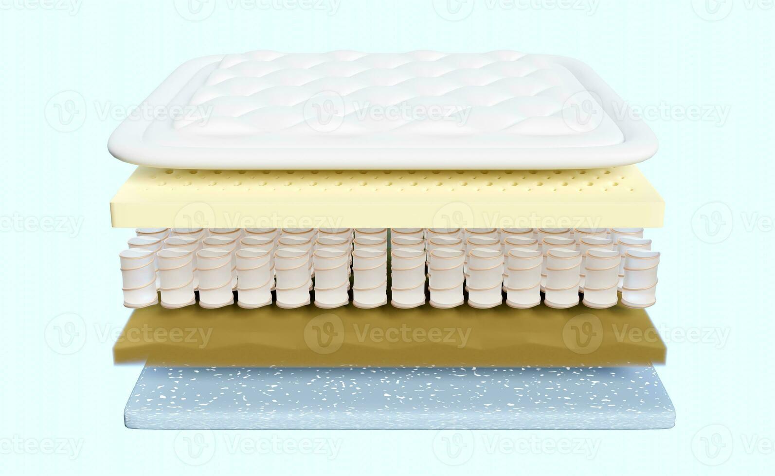 3d layered sheet material mattress with air fabric, pocket springs, natural latex, memory foam, soft sponge isolated on blue background. 3d render illustration, clipping path photo