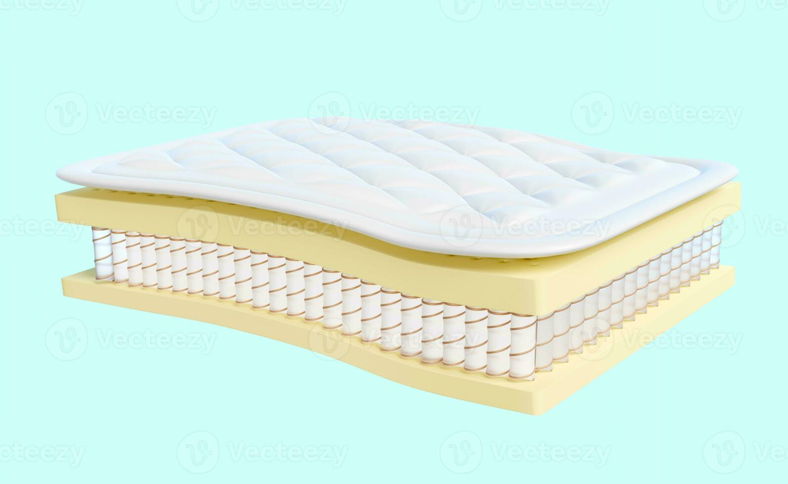 3d layered sheet material mattress with air fabric, pocket springs, natural latex isolated on blue background. 3d render illustration, clipping path photo