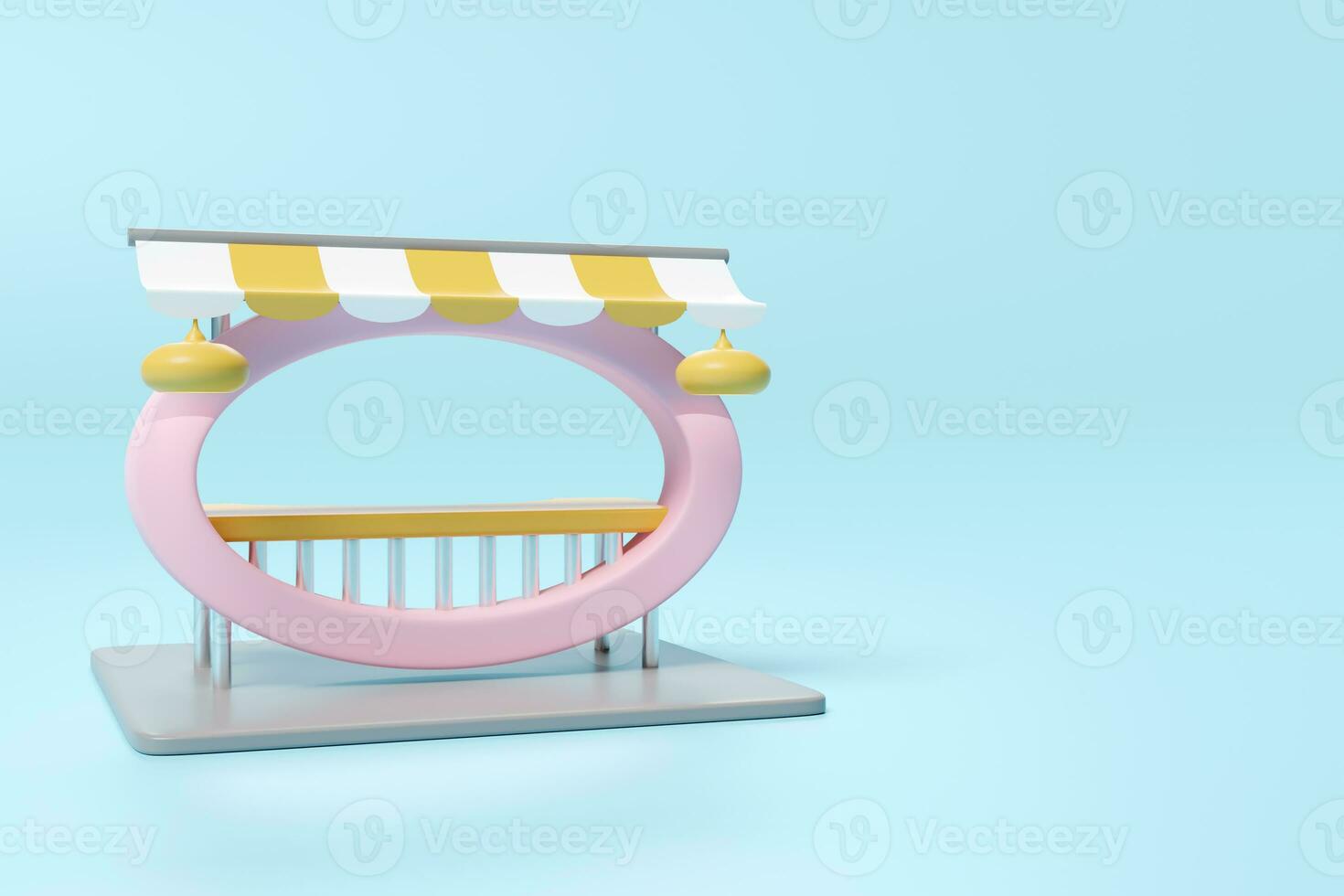 3d booth shop icon or empty retail store front with striped awning isolated on blue background. startup franchise business concept, 3d render illustration, clipping path photo