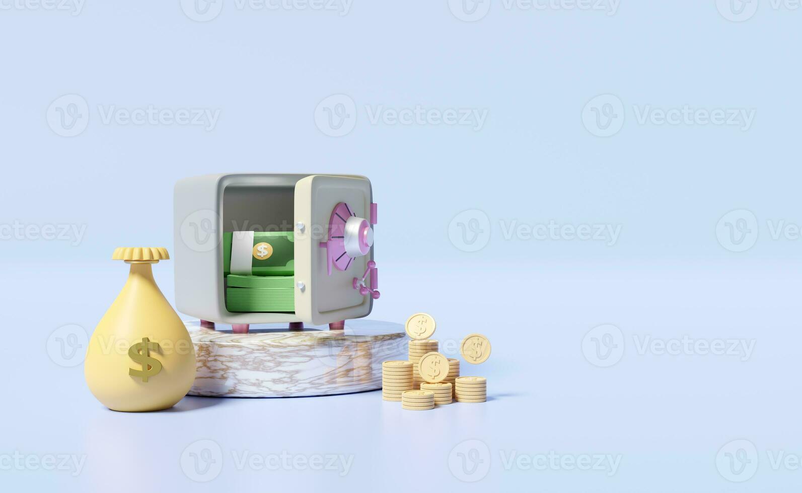 cylinder podium marble with open safe box,coins stack,banknote,bag money dollar isolated on blue background.,business banking concept ,3d illustration or 3d render photo