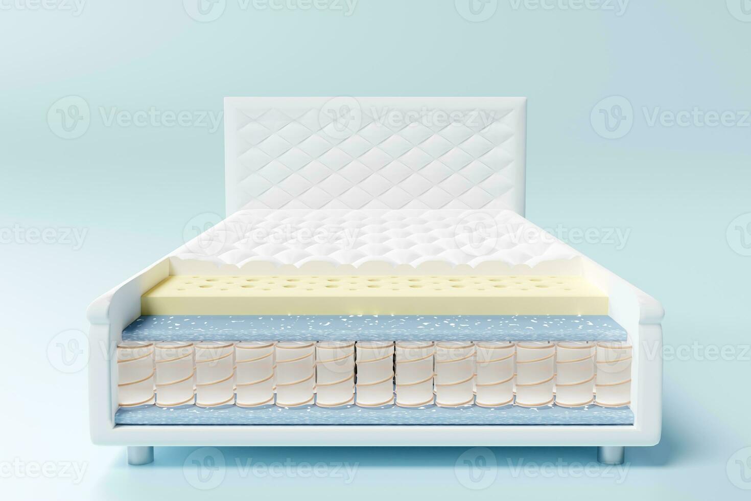 3d layered sheet material mattress with air fabric, pocket springs, natural latex, memory foam isolated on blue background. 3d render illustration, clipping path photo