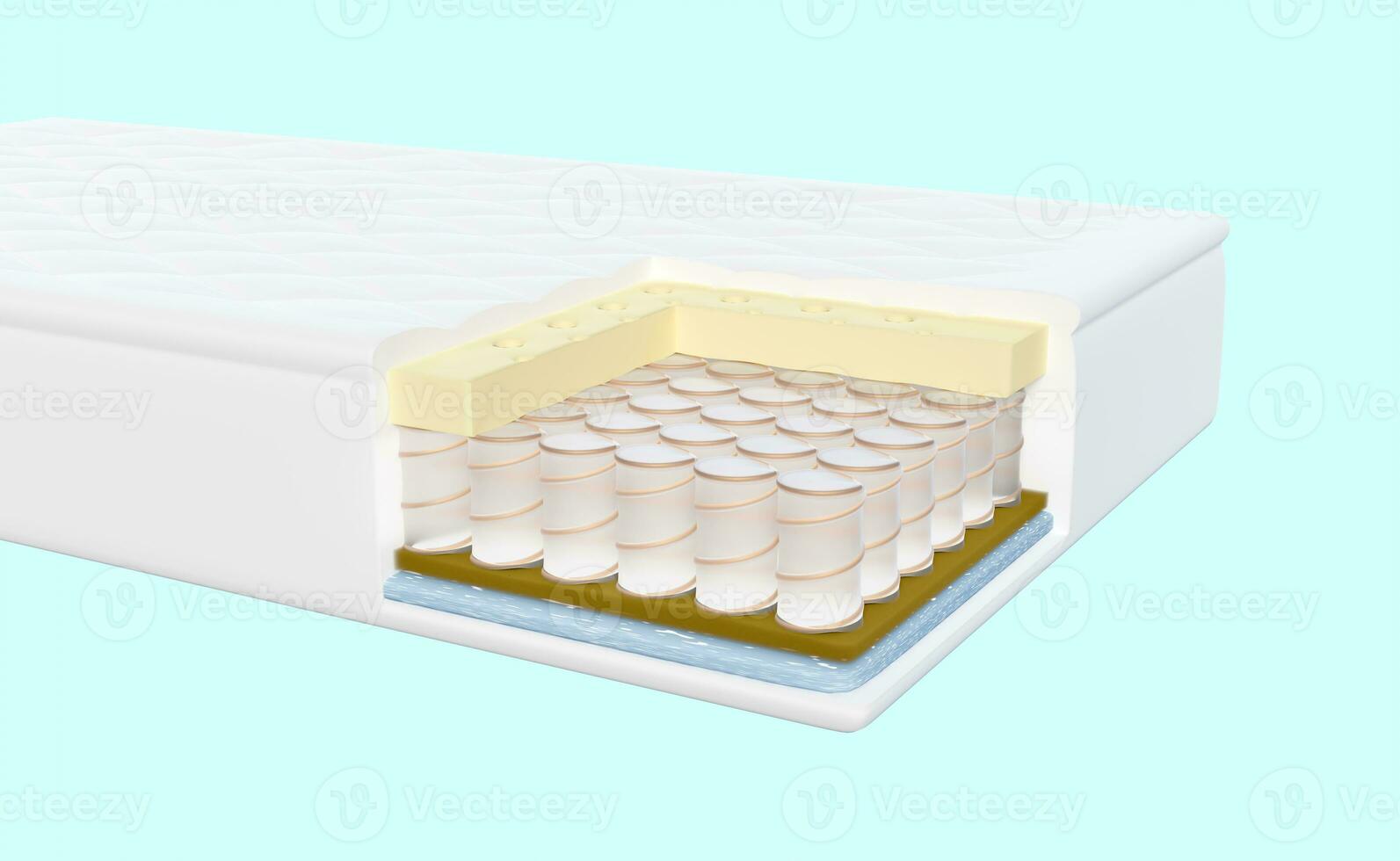 3d layered sheet material mattress with air fabric, pocket springs, natural latex, memory foam isolated on blue background. 3d render illustration, clipping path photo