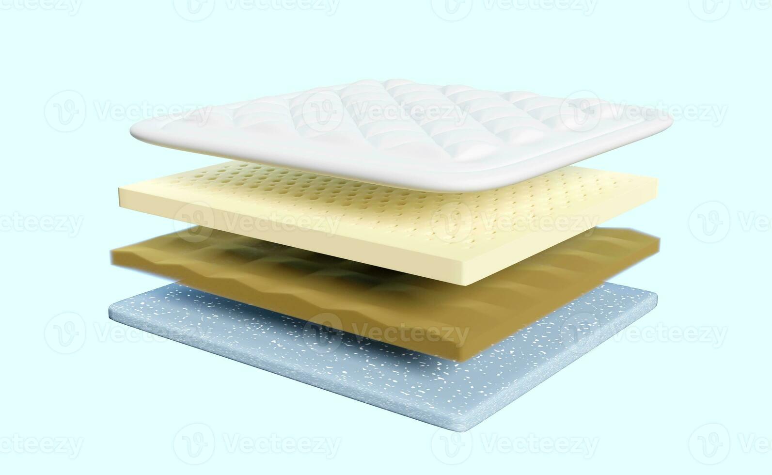 3d 4 layered sheet material mattress with fabric, soft sponge, latex, memory foam isolated on blue background. minimal abstract, 3d render illustration, clipping path photo