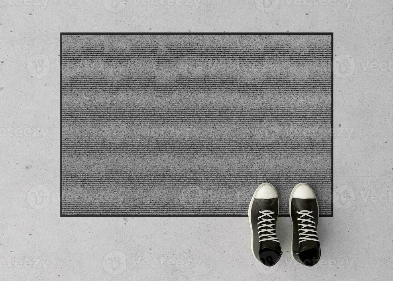 blanco gris puerta estera en el piso a hogar. Bienvenido estera con Copiar espacio para tu texto. felpudo burlarse de arriba. alfombra a Entrada para limpiando sucio zapatos. Bosquejo. 3d representación. foto