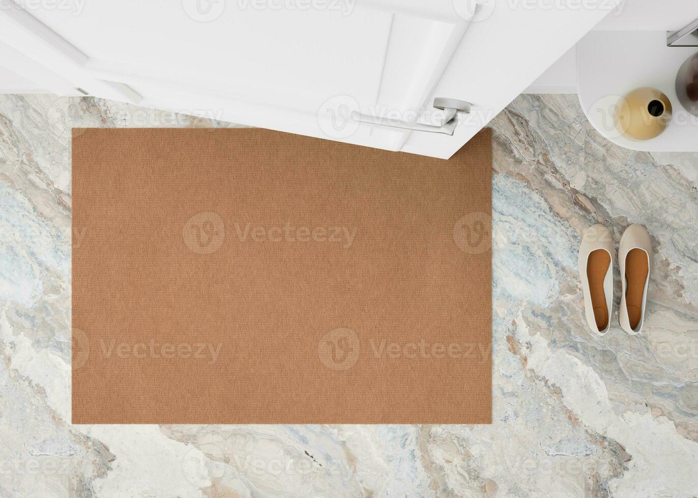 Blank brown door mat on the floor at home. Welcome mat with copy space for your text. Doormat mock up. Carpet at entrance for wiping dirty shoes. Mockup. 3D Rendering. photo