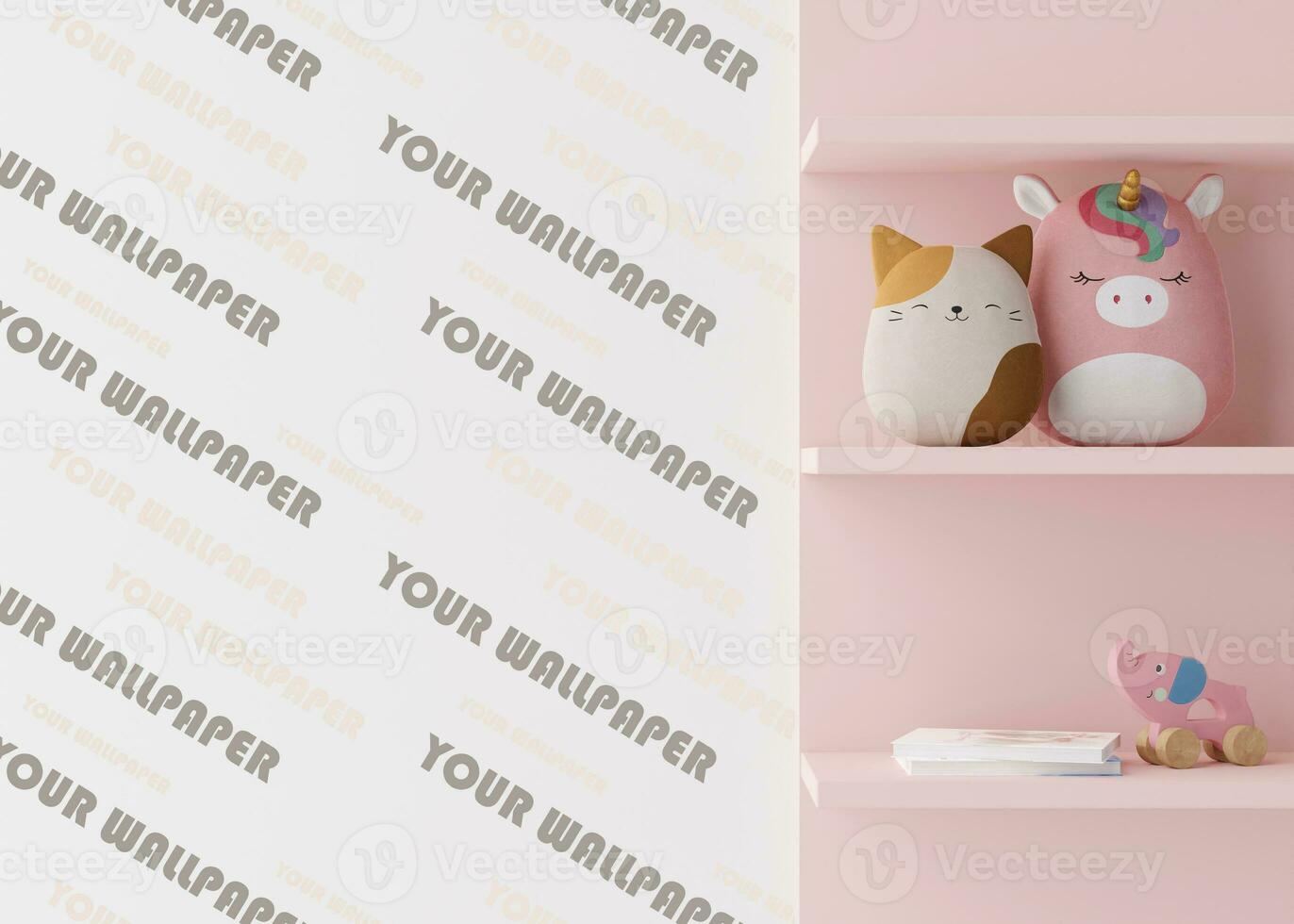 Wallpaper presentation mock up. Modern kids room with copy space for wallpaper design, wall panels, photo wallpaper, print or paint. Interior wall mockup. Show, display. 3D rendering.