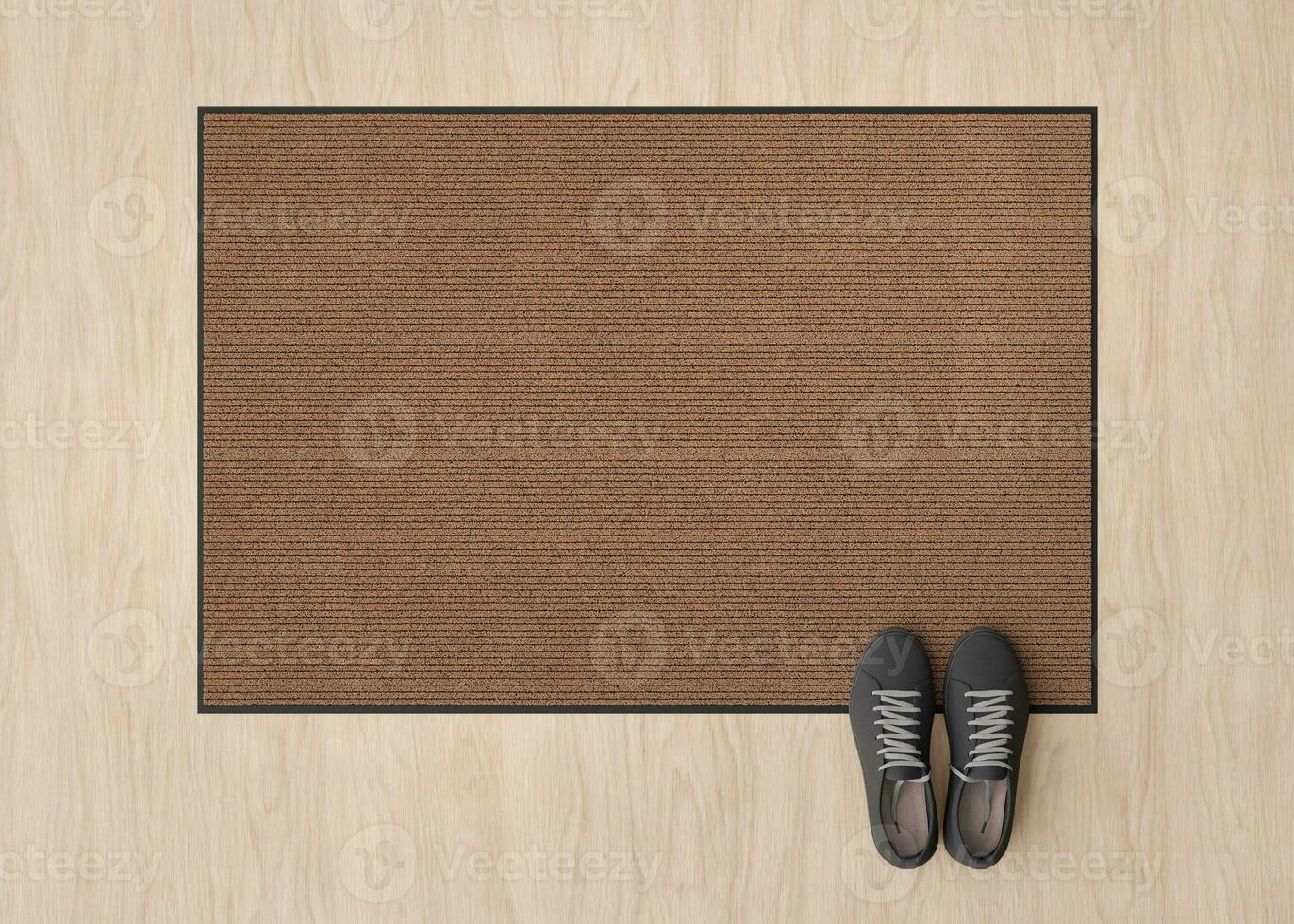 Blank brown door mat on the floor at home. Welcome mat with copy space for your text. Doormat mock up. Carpet at entrance for wiping dirty shoes. Mockup. 3D Rendering. photo