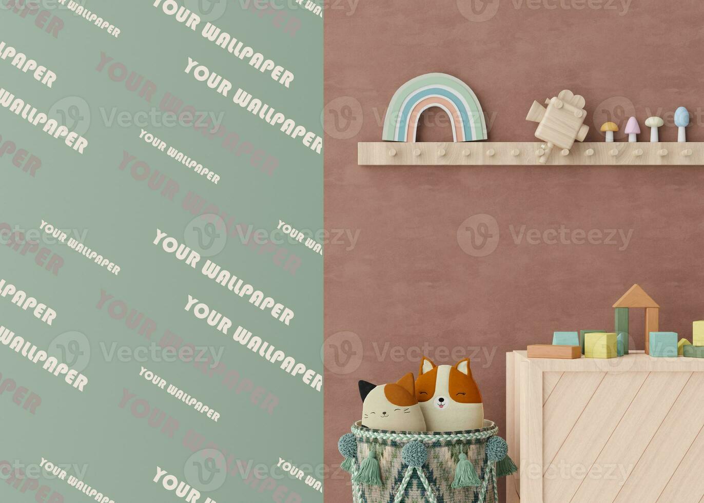 Wallpaper presentation mock up. Modern kids room with copy space for wallpaper design, wall panels, photo wallpaper, print or paint. Interior wall mockup. Show, display. 3D rendering.