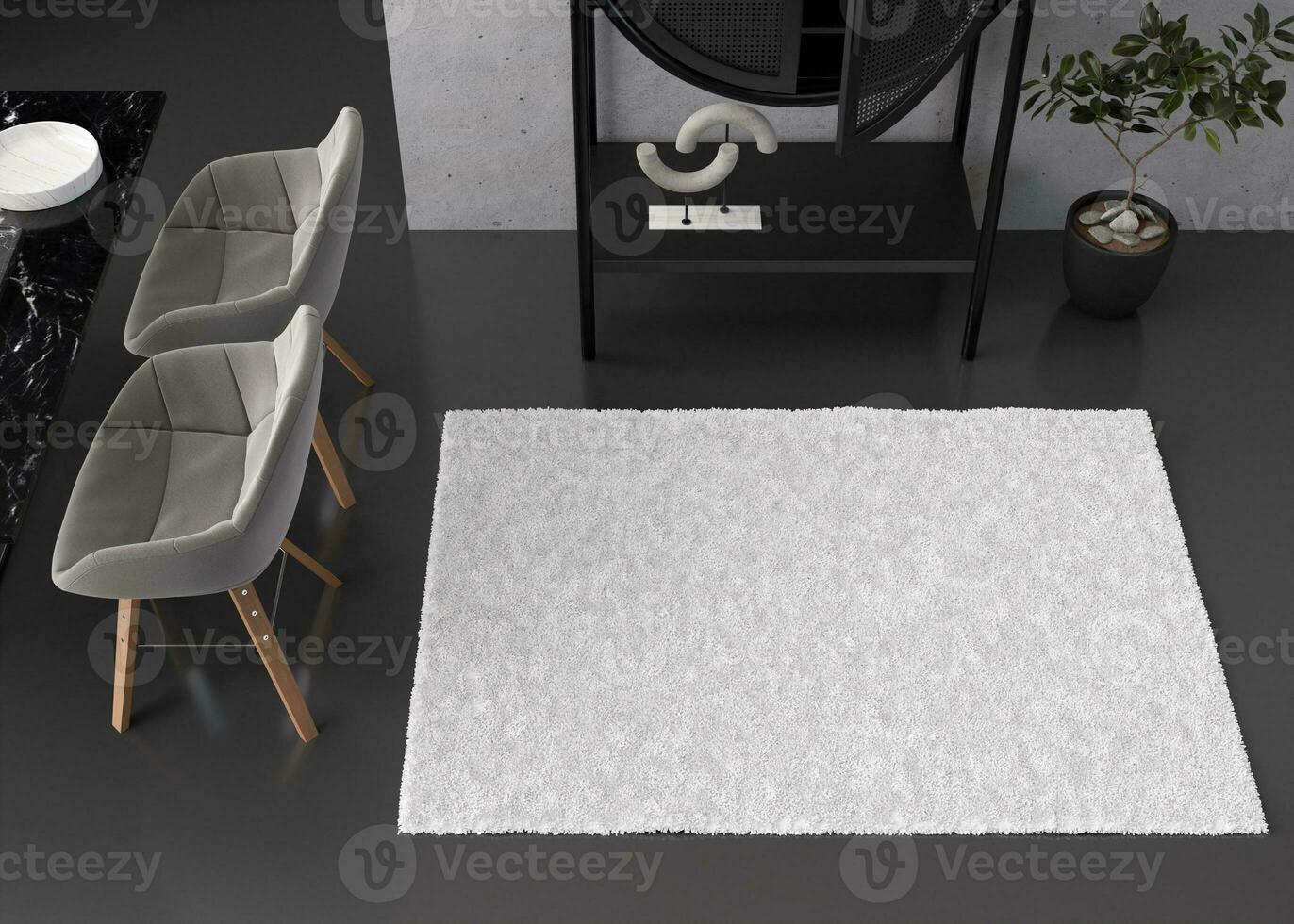 Mock up for carpet. Interior in contemporary style. Top view. Space for your carpet or rug design. Modern template. 3D rendering. photo