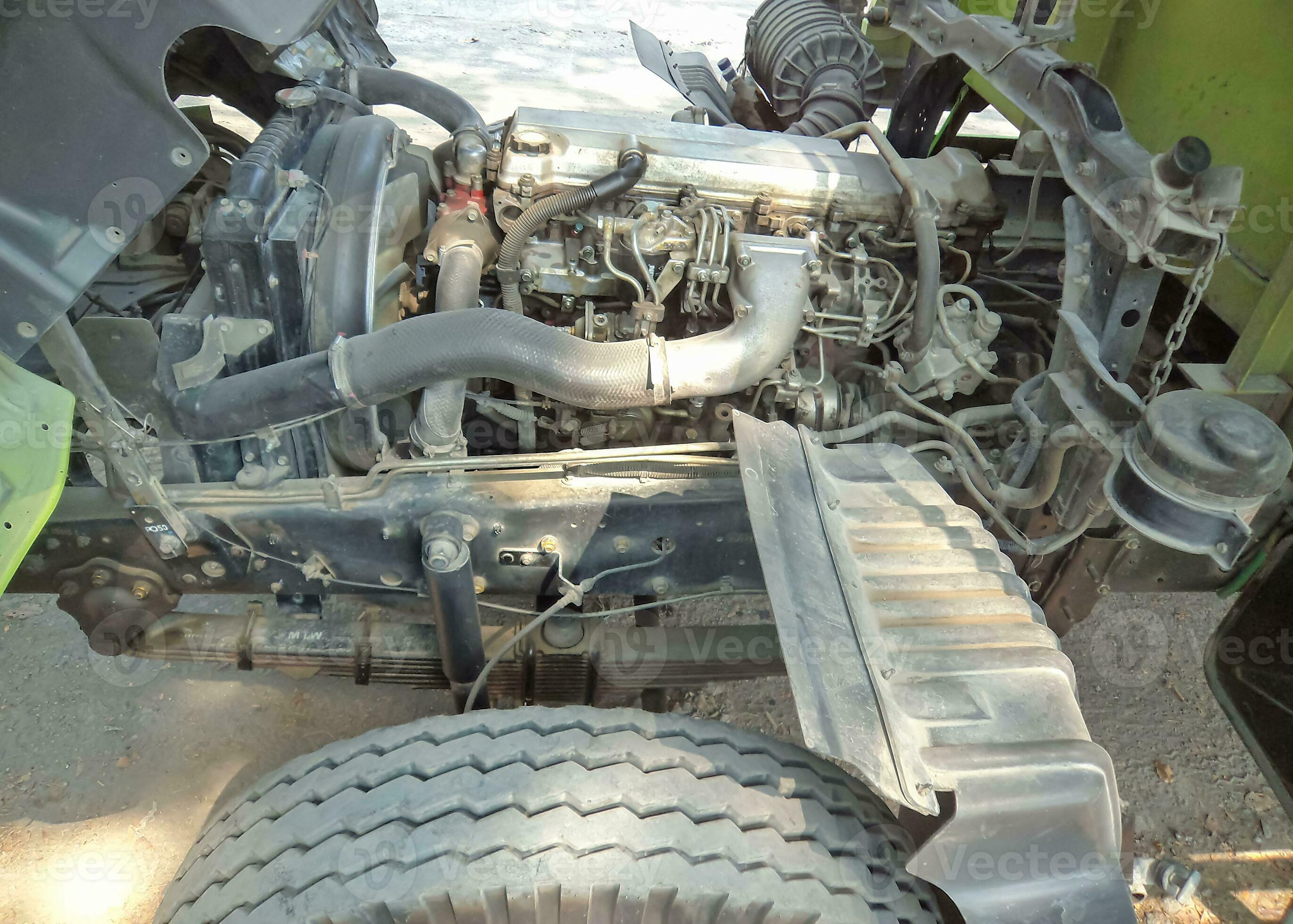 truck engine with copy space for text. Metallic background of the