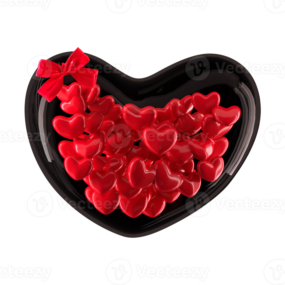 Red Hearts inside a Black Heart Shape Gift Box on PNGs Background.