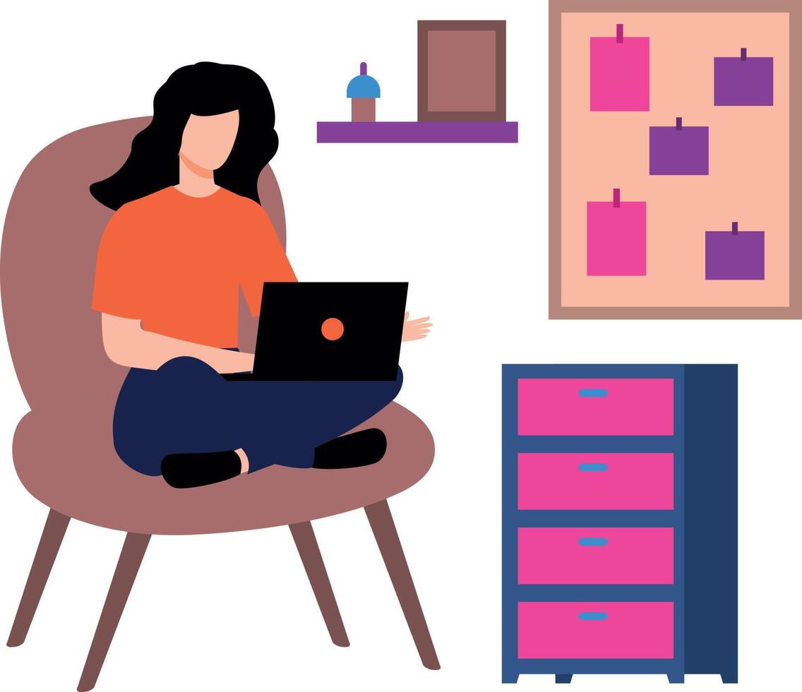 A girl is sitting on a chair working on a laptop. vector