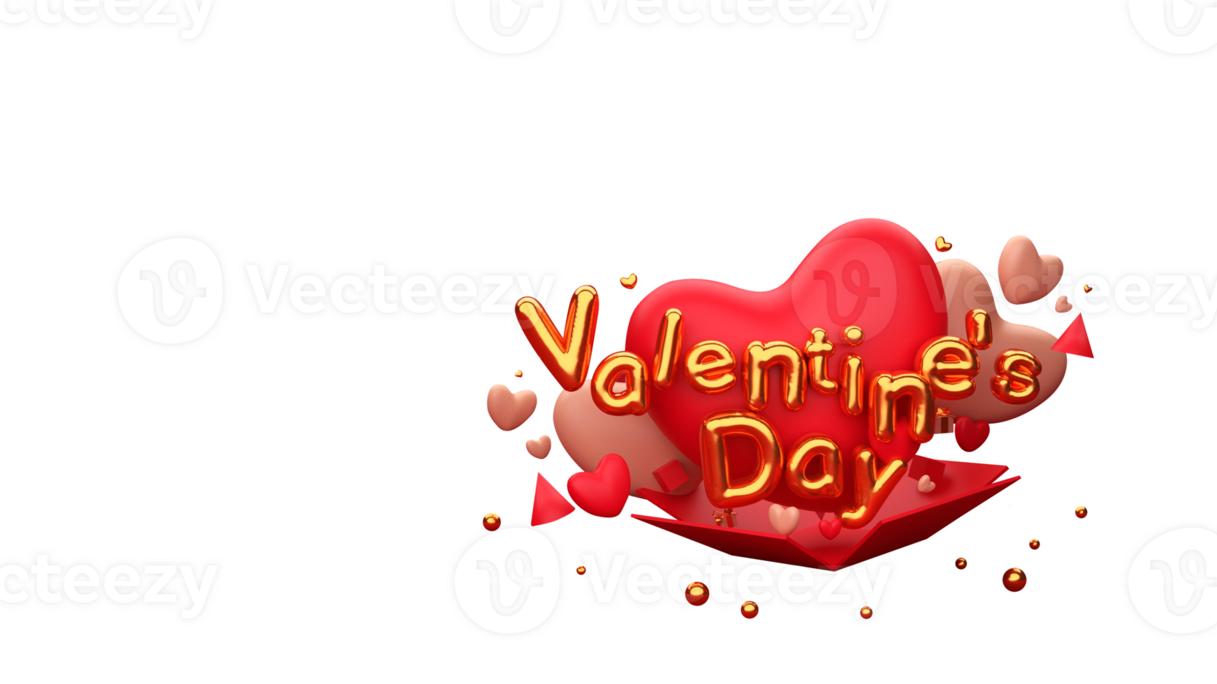 Red and Pink Heart Shapes with Golden Text Valentines Day on PNG Background.