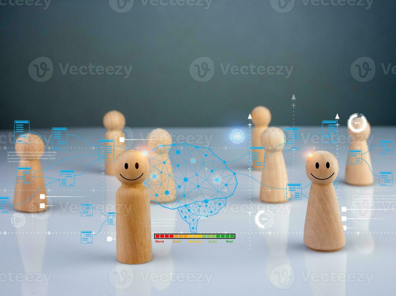 Wooden doll figure with communication and technology symbols. Social media and technology concept. photo