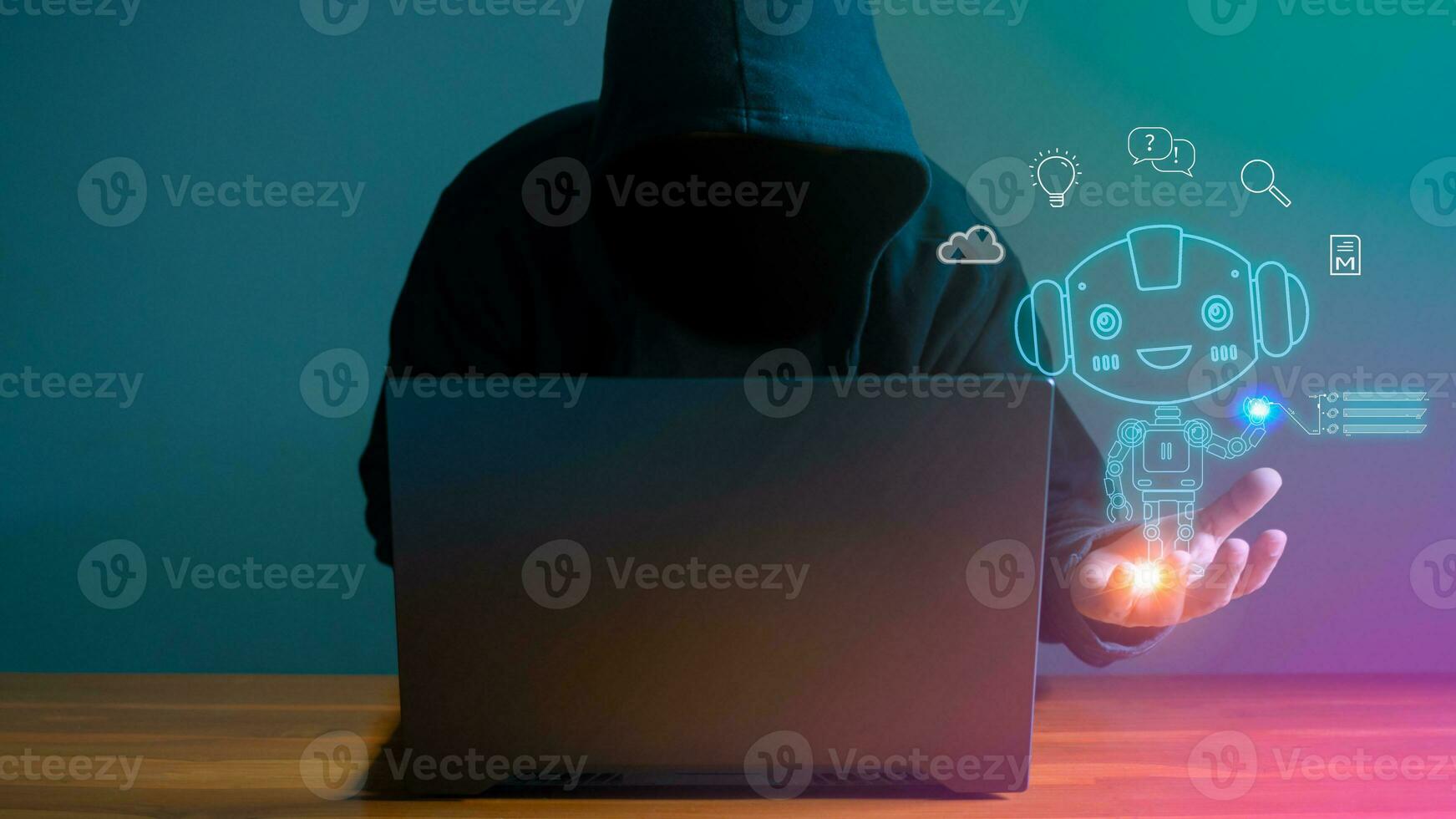 Hackers are stealing data from internet network using AI. Data protection concept, illegal use of AI photo